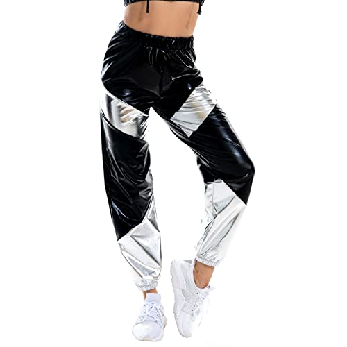 Damen Sporthose Taille Hose Cargohose Jogger Hose Glänzend Metallic Hip Hop Tanzhose mit Taschen Nachtclub Disco Dancewear Casual Streethose Schwarz-Silber Medium von IMEKIS