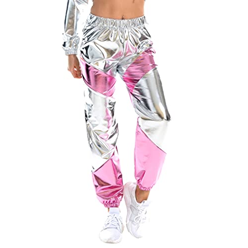 Damen Sporthose Taille Hose Cargohose Jogger Hose Glänzend Metallic Hip Hop Tanzhose mit Taschen Nachtclub Disco Dancewear Casual Streethose Sliber-Rosa XX-Large von IMEKIS