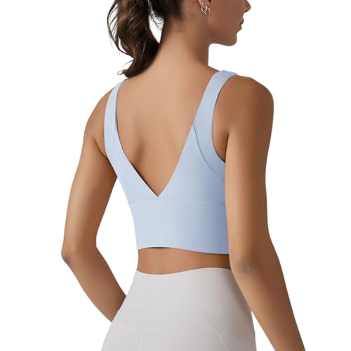 IMEKIS Damen Starker Halt Sport BH Ohne Bügel Gepolstert Bustier V Rücken Yoga Crop Tank Top Atmungsaktive Gym Fitness Workout Sports Bra Hellblau XL von IMEKIS