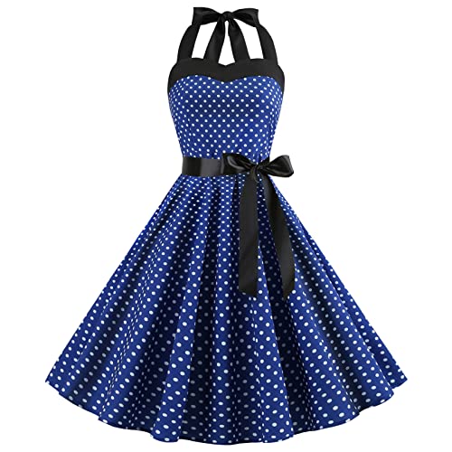 IMEKIS Damen Vintage Cocktailkleid Ärmellos Neckholder 1950er Polka Dots Retro Rockabilly Swing Kleid A Linie Faltenrock Knielang Hochzeit Festlich Abendkleid Ballkleid Dunkelblau M von IMEKIS