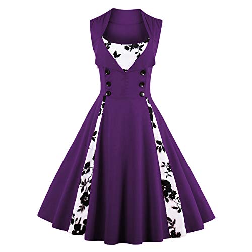 IMEKIS Damen Vintage Polka Dots Kleid 1950er Jahre Blumendruck Cocktailkleid Retro Rockabilly Swing Abendkleid A Linie Ärmellose Faltenrock Hochzeit Festlich Knielang Ballkleid Lila M von IMEKIS