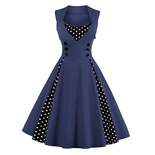 IMEKIS Damen Vintage Polka Dots Kleid 1950er Jahre Blumendruck Cocktailkleid Retro Rockabilly Swing Abendkleid A Linie Ärmellose Faltenrock Hochzeit Festlich Knielang Ballkleid Marineblau 5XL von IMEKIS