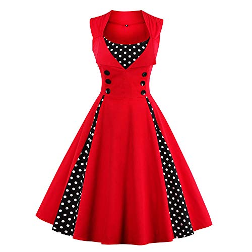 IMEKIS Damen Vintage Polka Dots Kleid 1950er Jahre Blumendruck Cocktailkleid Retro Rockabilly Swing Abendkleid A Linie Ärmellose Faltenrock Hochzeit Festlich Knielang Ballkleid Rot 4XL von IMEKIS