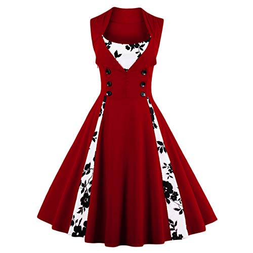 IMEKIS Damen Vintage Polka Dots Kleid 1950er Jahre Blumendruck Cocktailkleid Retro Rockabilly Swing Abendkleid A Linie Ärmellose Faltenrock Hochzeit Festlich Knielang Ballkleid Weinrot 3XL von IMEKIS