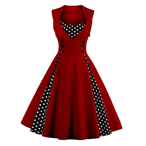 IMEKIS Damen Vintage Polka Dots Kleid 1950er Jahre Blumendruck Cocktailkleid Retro Rockabilly Swing Abendkleid A Linie Ärmellose Faltenrock Hochzeit Festlich Knielang Ballkleid Weinrot L von IMEKIS