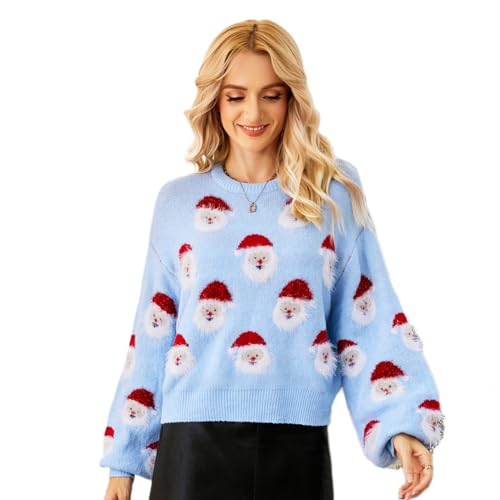 IMEKIS Damen Weihnachten Pullover Weihnachtsmann Weihnachtsbaum Strickpullover Langarm Rundhals Lose Fit Chunky Pullover Top Warmer Herbst Winter Strickwaren Blau S von IMEKIS