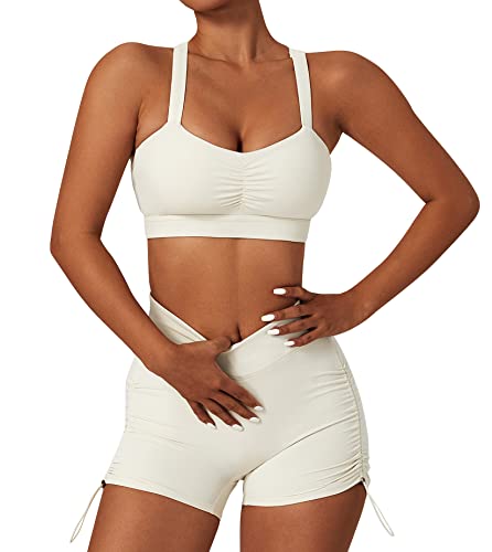 IMEKIS Damen Zweiteilig Sport Outfits Gym Yoga Kleidung Racerback Sport BH und High Waist Sportshorts Jogger Workout Set Sommer Fitness Trainingsanzug Sportanzug Beige S von IMEKIS