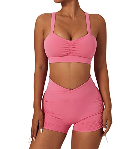 IMEKIS Damen Zweiteilig Sport Outfits Gym Yoga Kleidung Racerback Sport BH und High Waist Sportshorts Jogger Workout Set Sommer Fitness Trainingsanzug Sportanzug Rosa S von IMEKIS