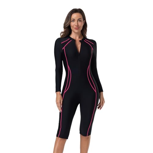 IMEKIS Einteiler Schwimmanzug Damen Bauchweg Badeanzug Surfanzug Neoprenanzug Langarm Reißverschluss Sport Bademode mit Bein Modest Badebekleidung Dunkelrosa L von IMEKIS