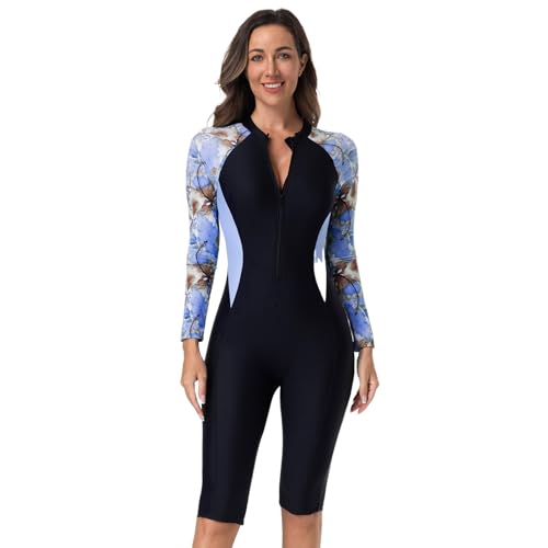 IMEKIS Einteiler Schwimmanzug Damen Bauchweg Badeanzug Surfanzug Neoprenanzug Langarm Reißverschluss Sport Bademode mit Bein Modest Badebekleidung Lila L von IMEKIS