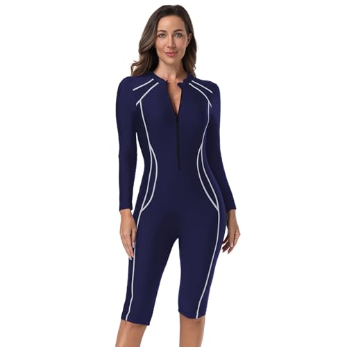 IMEKIS Einteiler Schwimmanzug Damen Bauchweg Badeanzug Surfanzug Neoprenanzug Langarm Reißverschluss Sport Bademode mit Bein Modest Badebekleidung Marineblau M von IMEKIS