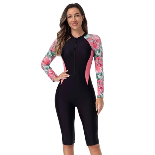 IMEKIS Einteiler Schwimmanzug Damen Bauchweg Badeanzug Surfanzug Neoprenanzug Langarm Reißverschluss Sport Bademode mit Bein Modest Badebekleidung Rosa M von IMEKIS