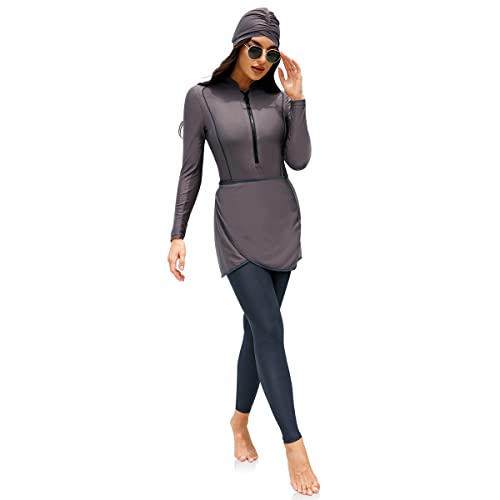 IMEKIS Frauen Muslimischer Burkini Badeanzug 4 TLG Bescheidene Badebekleidung Ganzkörper Islamischer Bademode Langarm Bodysuit Schwimmoberteil mit Hose Hijab Schürze Tankini Set Grau L von IMEKIS