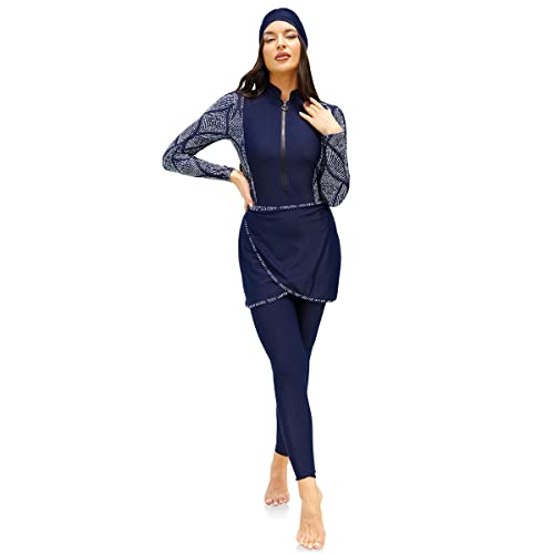 IMEKIS Frauen Muslimischer Burkini Badeanzug 4 TLG Bescheidene Badebekleidung Ganzkörper Islamischer Bademode Langarm Bodysuit Schwimmoberteil mit Hose Hijab Schürze Tankini Set Navy Blau M von IMEKIS