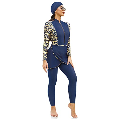 IMEKIS Frauen Muslimischer Burkini Badeanzug 4 TLG Bescheidene Badebekleidung Ganzkörper Islamischer Bademode Langarm Bodysuit Schwimmoberteil mit Hose Hijab Schürze Tankini Set Navy S von IMEKIS