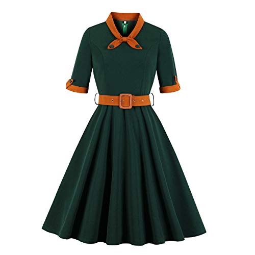 IMEKIS Frauen Vintage 40er Jahre Partykleid Halber Ärmel Seemann Krawatte Hals Abendkleid A Linie Retro Rockabilly Swing Cocktailkleid Prom Ballkleid Dunkelgrün L von IMEKIS