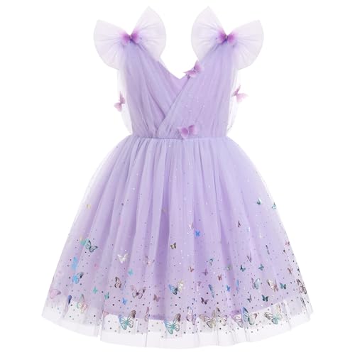 IMEKIS Geburtstagskleid Mädchen Blume Schmetterling Kleid Prinzessin Ärmelloses V-Ausschnitt Tüll Tutu Sommerkleid Kinder Hochzeit Festlich Partykleid Lila-Bunt 7-8 Jahre von IMEKIS