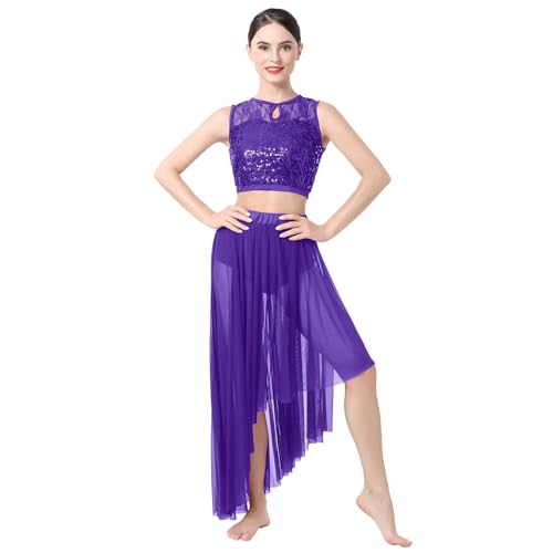 IMEKIS Glänzend Lyrisches Tanz Outfit für Damen Ärmellos Pailletten Spitze Crop Top mit Asymmetrischem Saumrock Modernes Ballett Ballsaal Tanzkleidung Bühnen Performance Kostüm Lila M von IMEKIS