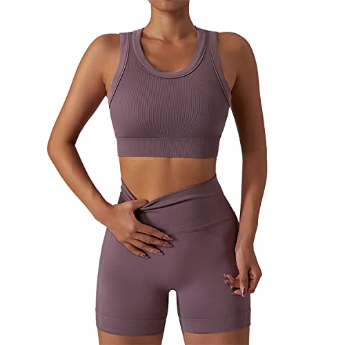 IMEKIS Gym Set Damen Nahtlose Gerippte Yoga Outfit 2 Teilig Trainingsanz�ge Workout Outfits Racerback Sport BH mit Hoher Taille Shorts Sportanz�ge Jogginganzug Braun L von IMEKIS