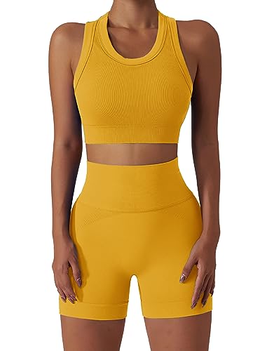 IMEKIS Gym Set Damen Nahtlose Gerippte Yoga Outfit 2 Teilig Trainingsanzüge Workout Outfits Racerback Sport BH mit Hoher Taille Shorts Sportanzüge Jogginganzug Gelb M von IMEKIS