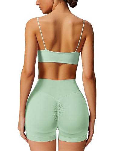 IMEKIS Gym Set Damen Sport Outfit Rückenfrei Gepolstert Sportbh mit Hohe Taille Shorts 2 Teilig Yoga Fitness Kleidung Kurz Sportanzug Workout Activewear Hellgrün XS von IMEKIS