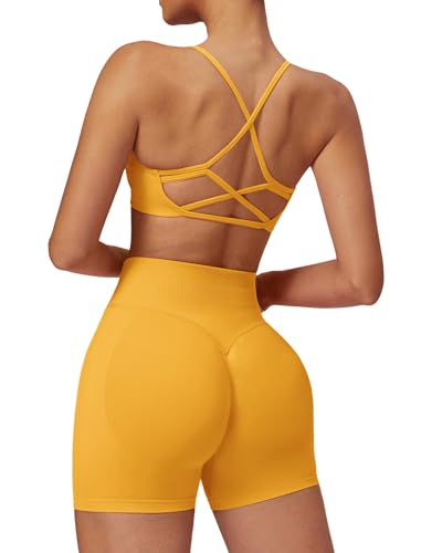 IMEKIS Gym Set Damen Sport Outfit Strappy Rücken Sportbh mit Hohe Taille Shorts 2 Teilig Fitness Kleidung Kurz Sportanzug Workout Activewear Gelb M von IMEKIS