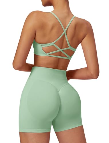 IMEKIS Gym Set Damen Sport Outfit Strappy Rücken Sportbh mit Hohe Taille Shorts 2 Teilig Fitness Kleidung Kurz Sportanzug Workout Activewear Grün L von IMEKIS