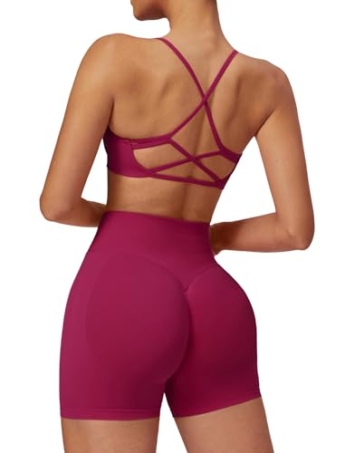 IMEKIS Gym Set Damen Sport Outfit Strappy Rücken Sportbh mit Hohe Taille Shorts 2 Teilig Fitness Kleidung Kurz Sportanzug Workout Activewear Rosa Lila S von IMEKIS