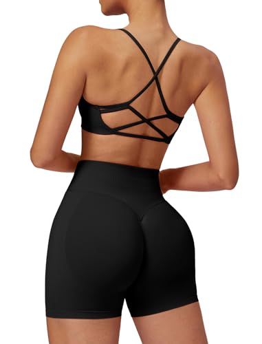 IMEKIS Gym Set Damen Sport Outfit Strappy Rücken Sportbh mit Hohe Taille Shorts 2 Teilig Fitness Kleidung Kurz Sportanzug Workout Activewear Schwarz S von IMEKIS