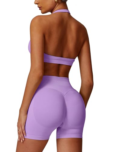 IMEKIS Gym Set Damen Yoga Outfit Neckholder Sportbh mit Hohe Taille Shorts 2 Teilig Sportanzug Workout Fitness Bekleidung für Jogging Pilates Lila M IMEKIS Gym Set Damen Yoga Outfit Neckholder Sportbh mit Hohe Taille Shorts 2 Teilig Sportanzug Workout Fitness Bekleidung für Jogging Pilates Lila M von IMEKIS