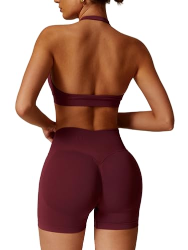 IMEKIS Gym Set Damen Yoga Outfit Neckholder Sportbh mit Hohe Taille Shorts 2 Teilig Sportanzug Workout Fitness Bekleidung für Jogging Pilates Weinrot M von IMEKIS