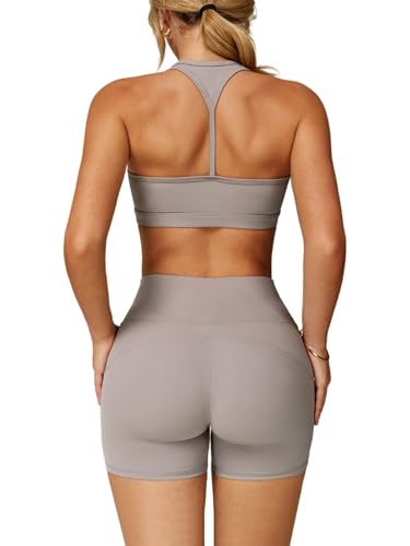 IMEKIS Gym Set Damen Yoga Outfit Racerback Sportbh mit Hohe Taille Shorts 2 tlg Sommer Sportanzug Kurz Workout Fitness Bekleidung für Jogging Pilates Grau S von IMEKIS