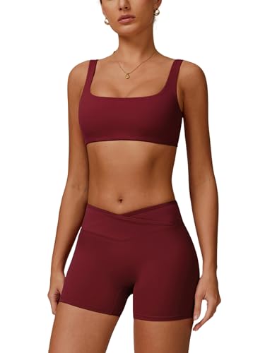 IMEKIS ​Gym Yoga Sets Damen Zweiteiler Fitness Workout Outfit Gepolstert Sport BH und Hohe Taille Shorts Sportanzug Laufanzug Trainingsanzug Dunkelrot M von IMEKIS