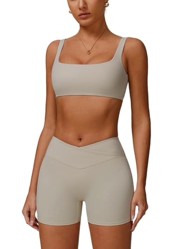 IMEKIS ​Gym Yoga Sets Damen Zweiteiler Fitness Workout Outfit Gepolstert Sport BH und Hohe Taille Shorts Sportanzug Laufanzug Trainingsanzug Hell Khaki L von IMEKIS