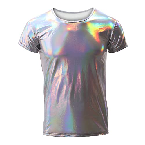 IMEKIS Herren Gl?nzend Metallic Oberteil Kurzarm Roundhals Muskelshirt Wetlook Unterhemd Disco Nachtclub Hemd 70er 80er Party Kost?m Silber M von IMEKIS