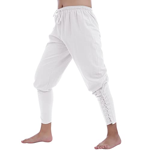 IMEKIS Herren Mittelalter Hose Steampunk Renaissance Hosen Gothic Kostüm Vintage Lang Viktorianische Hose Wikinger Kleidung Männer Piratenhose Halloween Faschingskostüm Freizeithose Leinenhose Weiß L von IMEKIS