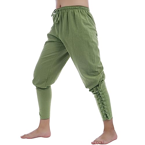 IMEKIS Herren Mittelalter Hose Steampunk Renaissance Hosen Gothic Kostüm Vintage Lang Viktorianische Hose Wikinger Kleidung Männer Piratenhose Halloween Faschingskostüm Freizeithose Leinenhose Grün L von IMEKIS