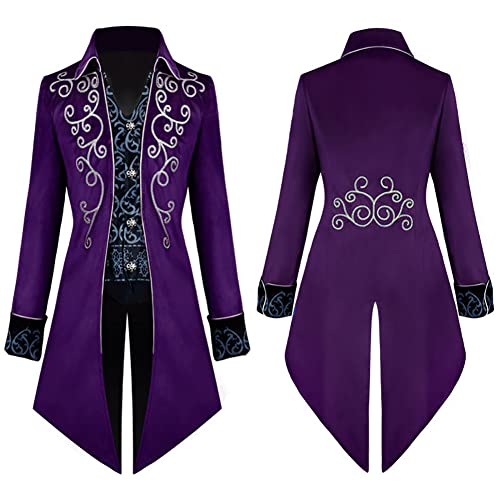 Herren Steampunk Vintage Frack Jacke Samt Bestickte Gehrock Gothic Viktorianische Mantel Uniform Mittelalter Smoking Halloween Kostüm Karneval Cosplay Verkleidung Lila 3XL von IMEKIS
