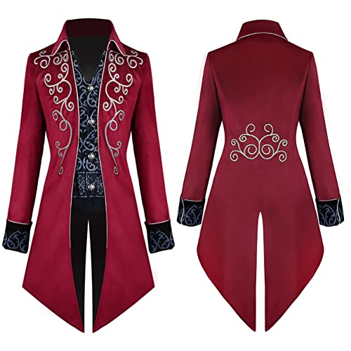 IMEKIS Herren Steampunk Vintage Frack Jacke Samt Bestickte Gehrock Gothic Viktorianische Mantel Uniform Mittelalter Smoking Halloween Kost?m Karneval Cosplay Verkleidung Rot L von IMEKIS