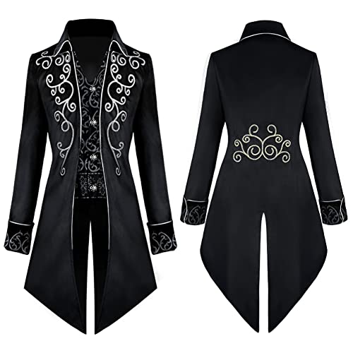 Herren Steampunk Vintage Frack Jacke Samt Bestickte Gehrock Gothic Viktorianische Mantel Uniform Mittelalter Smoking Halloween Kostüm Karneval Cosplay Verkleidung Schwarz XXL von IMEKIS