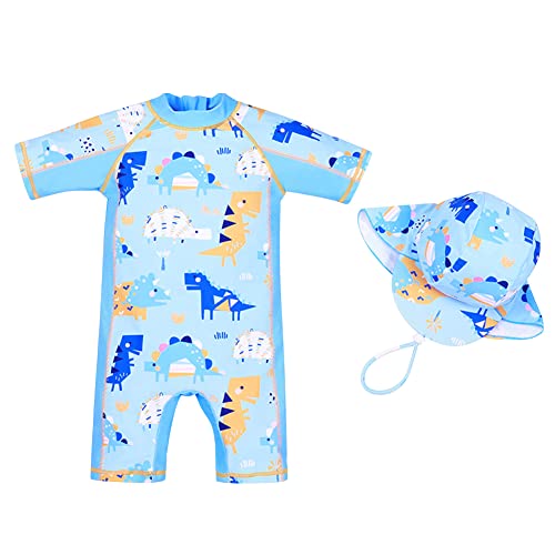 IMEKIS Jungen M?dchen Zweiteilig Badeanzug Kurzarm Schwimmanzug Fisch Dinosaurier Bademode mit Badekappe Kinder Baby UV-Schutz Badekleidung Rei?Verschluss Rash Guard Beachwear Blau 3-4 Jahre von IMEKIS