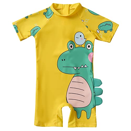 IMEKIS Jungen Mädchen Zweiteilig Badeanzug Kurzarm Schwimmanzug Fisch Dinosaurier Bademode mit Badekappe Kinder Baby UV-Schutz Badekleidung Reißverschluss Rash Guard Beachwear Gelb 3-4 Jahre von IMEKIS