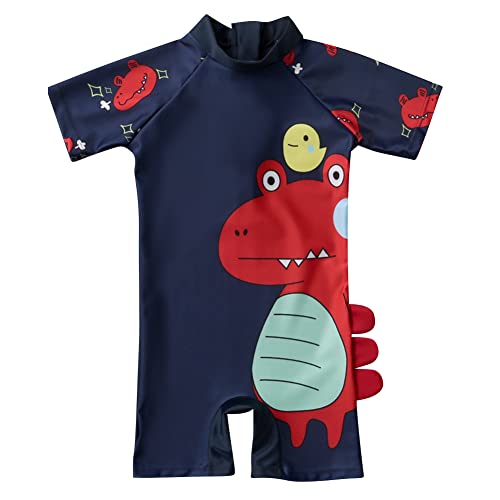 IMEKIS Jungen Mädchen Zweiteilig Badeanzug Kurzarm Schwimmanzug Fisch Dinosaurier Bademode mit Badekappe Kinder Baby UV-Schutz Badekleidung Reißverschluss Rash Guard Beachwear Rot 5-6 Jahre von IMEKIS