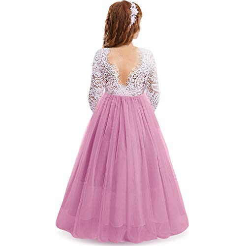 IMEKIS Kind Blumenmädchen Kleid Langarm Rückenfrei Festkleid Prinzessin Spitze Tüllkleid Hochzeit Geburtstag Partykleid Maxi Lang Ballkleid Altrosa 2-3 Jahre von IMEKIS
