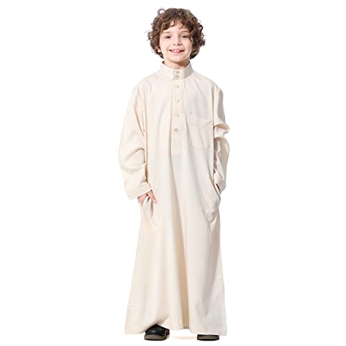 IMEKIS Kind Jungen Arabischen Islam Thobe Knopf Streifendruck Muslimische Robe Langarm Einfarbig Tobe Kaftan Dubai Stil Ethnische Kleidung Beige-Einfarbig 11-12 Jahre von IMEKIS