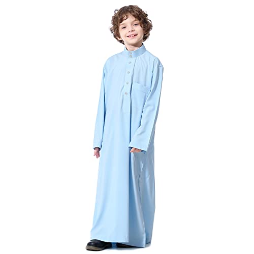 IMEKIS Kind Jungen Arabischen Islam Thobe Knopf Streifendruck Muslimische Robe Langarm Einfarbig Tobe Kaftan Dubai Stil Ethnische Kleidung Blau 13-14 Jahre von IMEKIS