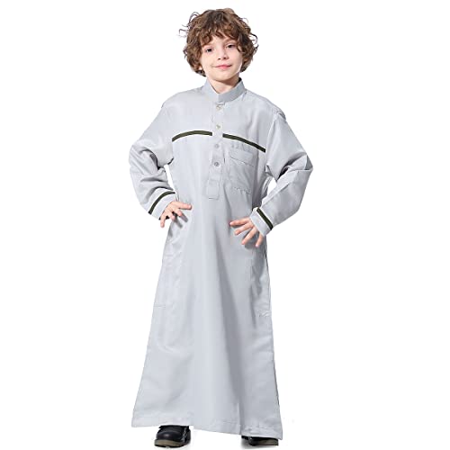 IMEKIS Kind Jungen Arabischen Islam Thobe Knopf Streifendruck Muslimische Robe Langarm Einfarbig Tobe Kaftan Dubai Stil Ethnische Kleidung Grau 9-10 Jahre von IMEKIS