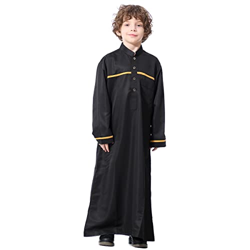 IMEKIS Kind Jungen Arabischen Islam Thobe Knopf Streifendruck Muslimische Robe Langarm Einfarbig Tobe Kaftan Dubai Stil Ethnische Kleidung Schwarz 13-14 Jahre von IMEKIS