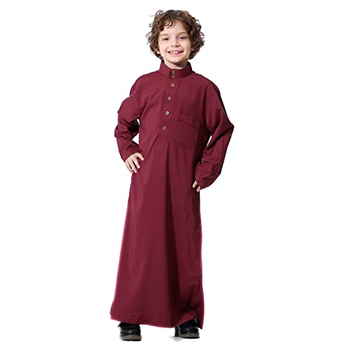 IMEKIS Kind Jungen Arabischen Islam Thobe Knopf Streifendruck Muslimische Robe Langarm Einfarbig Tobe Kaftan Dubai Stil Ethnische Kleidung Weinrot-Einfarbig 4-5 Jahre von IMEKIS