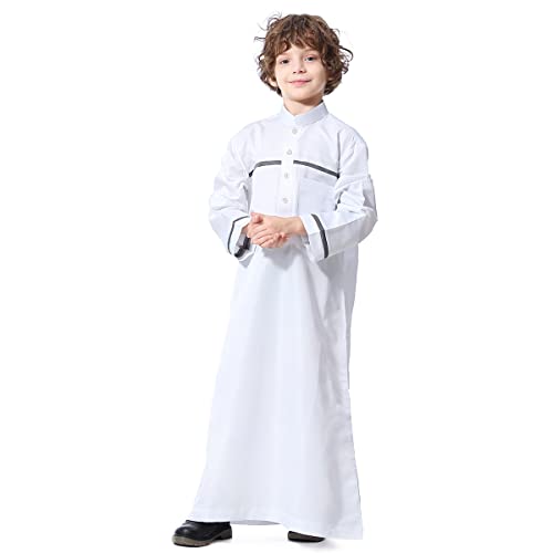 IMEKIS Kind Jungen Arabischen Islam Thobe Knopf Streifendruck Muslimische Robe Langarm Einfarbig Tobe Kaftan Dubai Stil Ethnische Kleidung Weiß 13-14 Jahre von IMEKIS